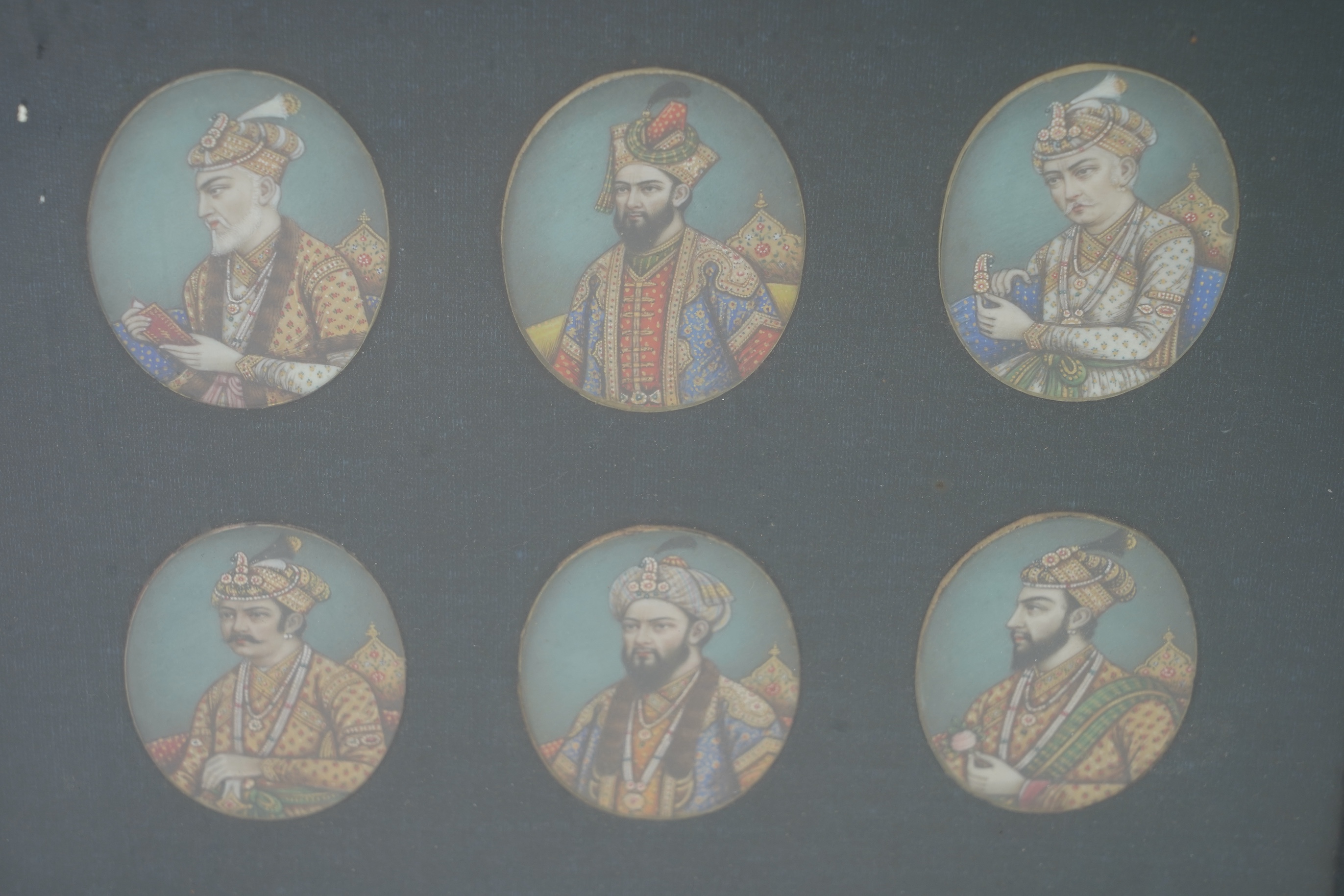 Indian School , (Late 19th century), A set of six portrait miniatures of Mughal rulers, Watercolour on Ivory, Oval, each approximately 6.2cm x 4.8cm